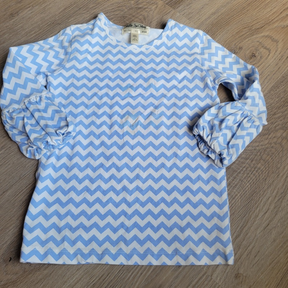 Matilda Jane Girls Top Size 6 Blue White Chevron Bubble Sleeve Boutique Casual